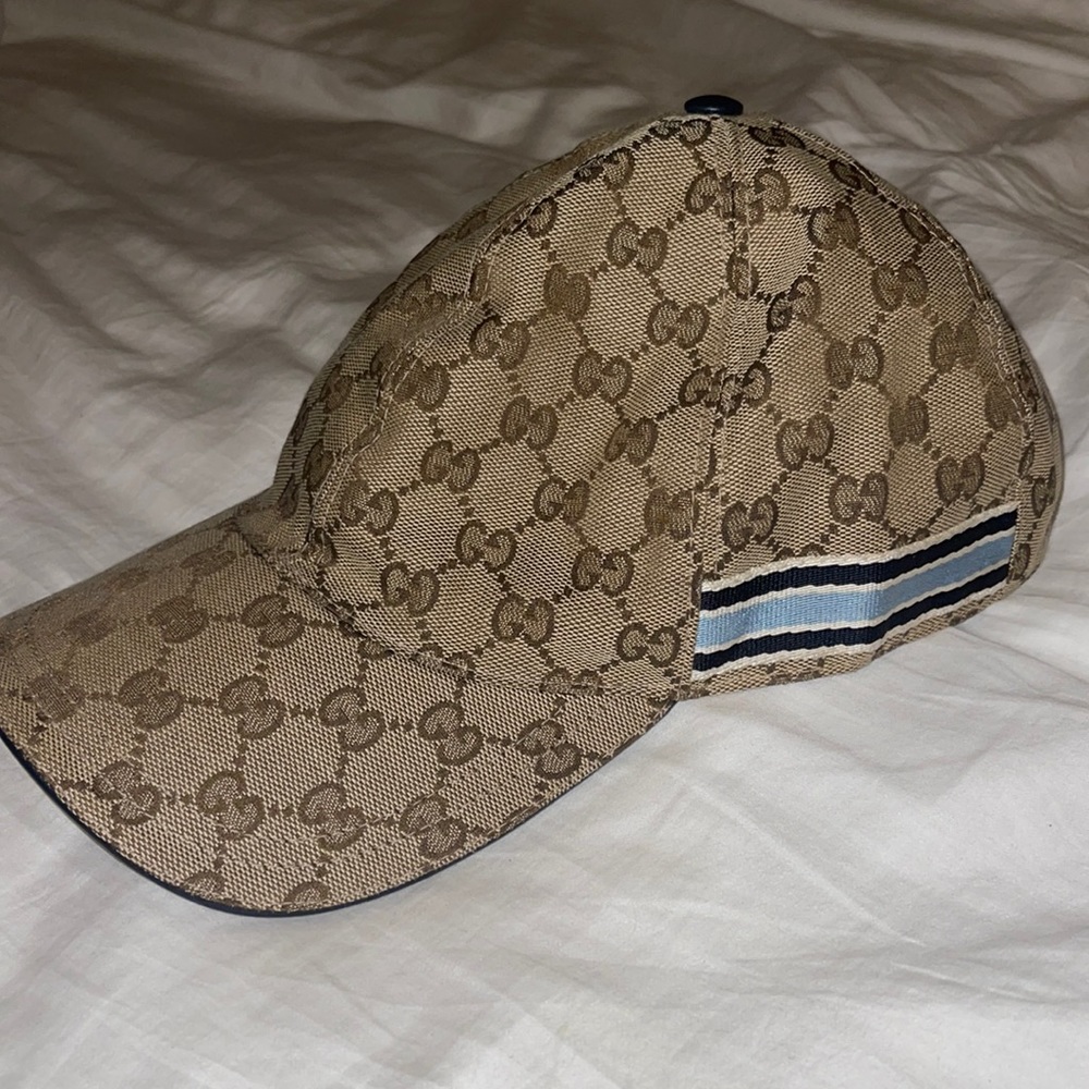 Gucci Original GG Canvas Tan Baseball Hat w Web Navy, White & Light Blue Stripe